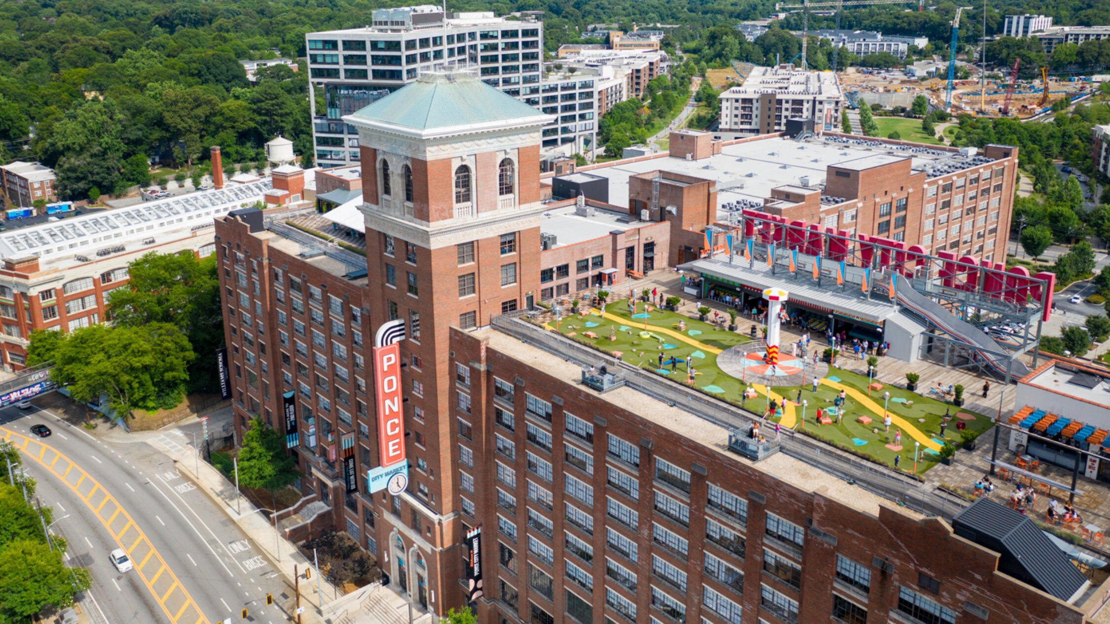 Aerial view of Ponce City Market featuring the Rooftop amusement park