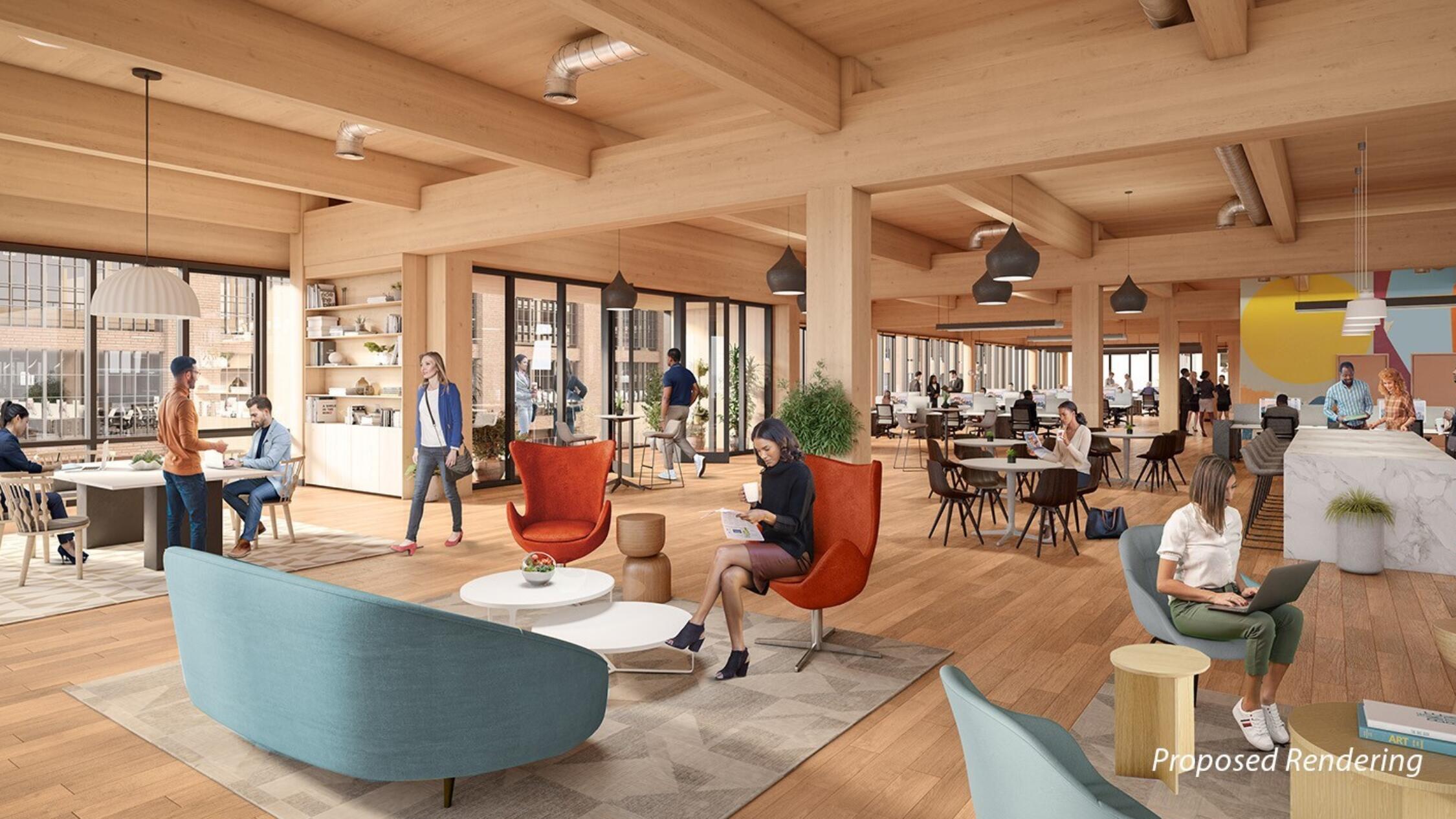 Rendering of open concept office space inside 619 Ponce with people working throughout