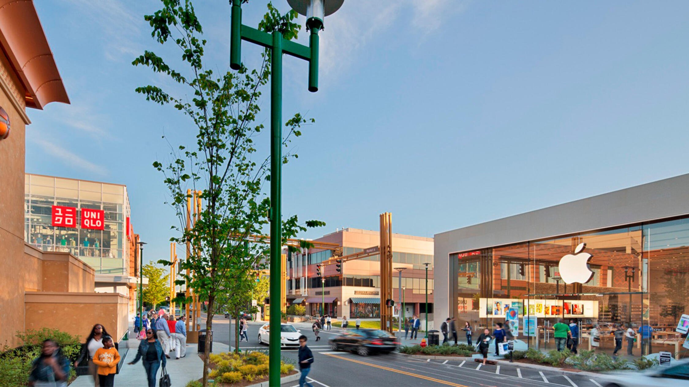 View of a street at Ridge Hill with visitors walking on sidewalks